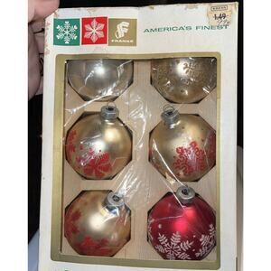 Rare 1950's Vintage Franke Red & White Micah Glass Christmas Ornaments In Box!